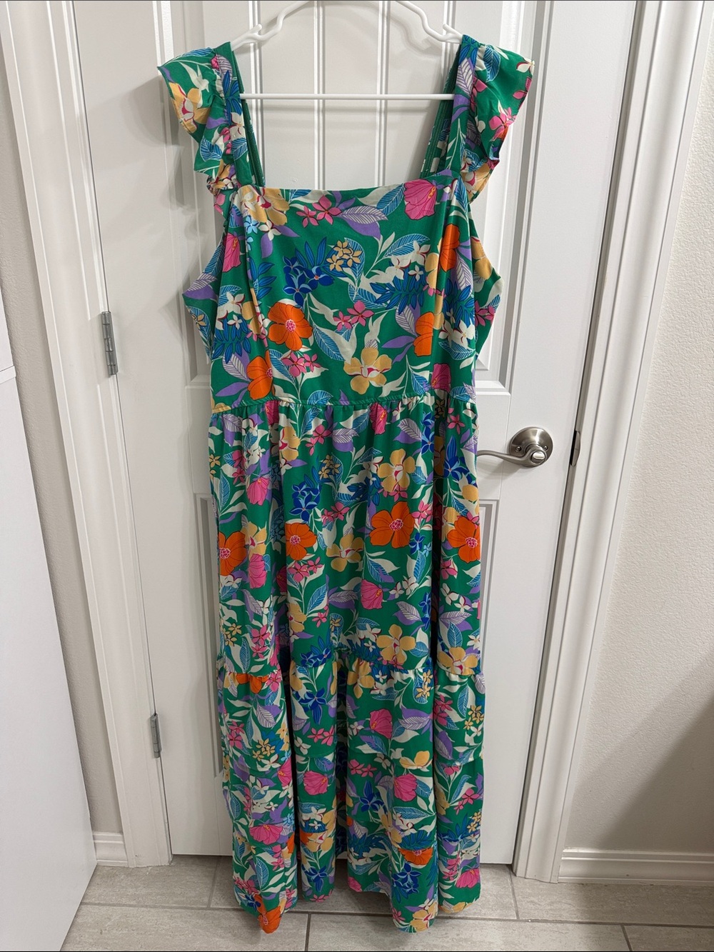 Green Floral Maxi Dress with Bright Multicolor Blooms